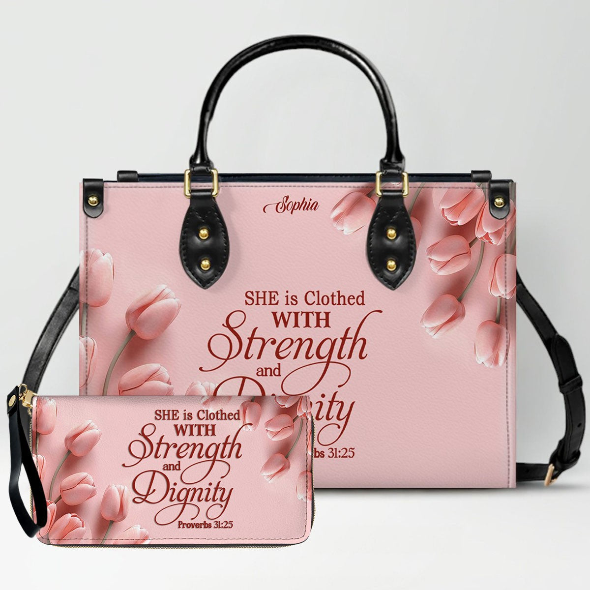 Personalized Leather Handbag for Women – Custom Name Christian Bible Verse Purse – Floral Pink Tulip Scripture Bag – Gift by CHRISTIANARTBAG CAB 022726