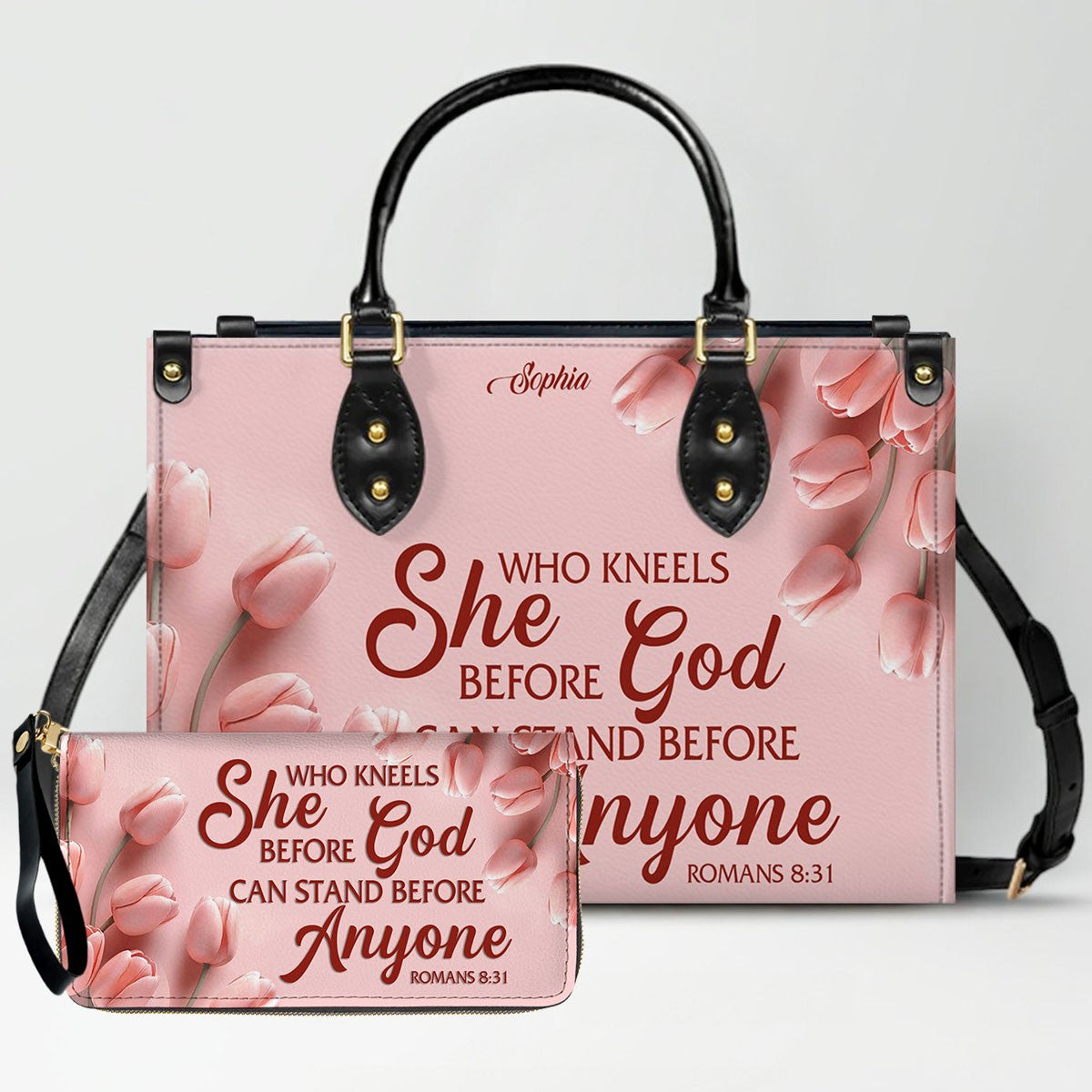 Personalized Leather Handbag for Women – Custom Name Christian Bible Verse Purse – Floral Pink Tulip Scripture Bag – Gift by CHRISTIANARTBAG CAB 022726