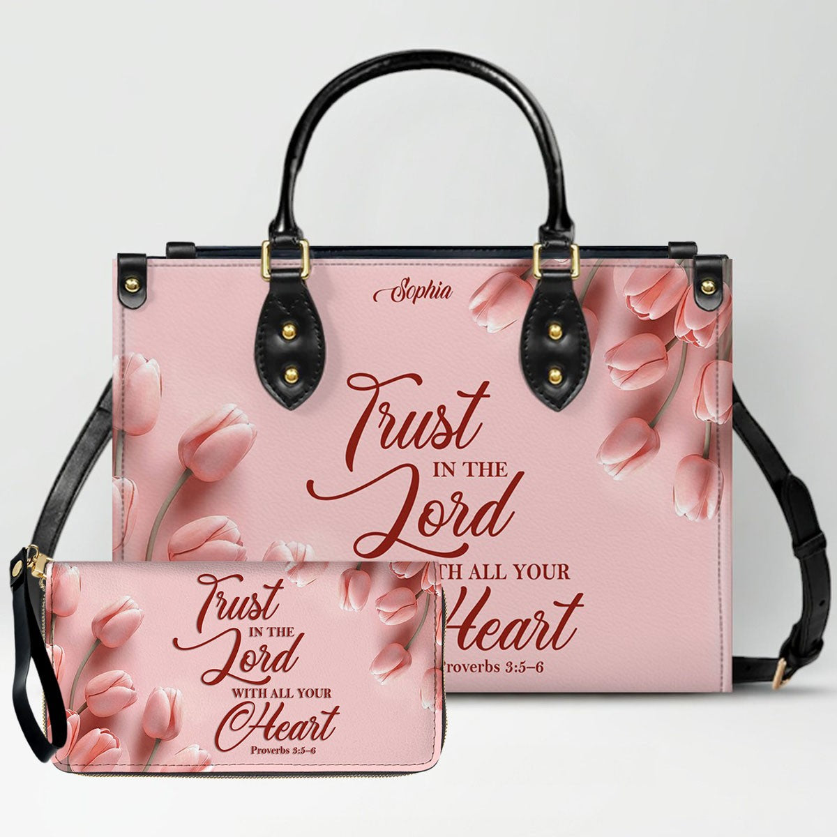 Personalized Leather Handbag for Women – Custom Name Christian Bible Verse Purse – Floral Pink Tulip Scripture Bag – Gift by CHRISTIANARTBAG CAB 022726