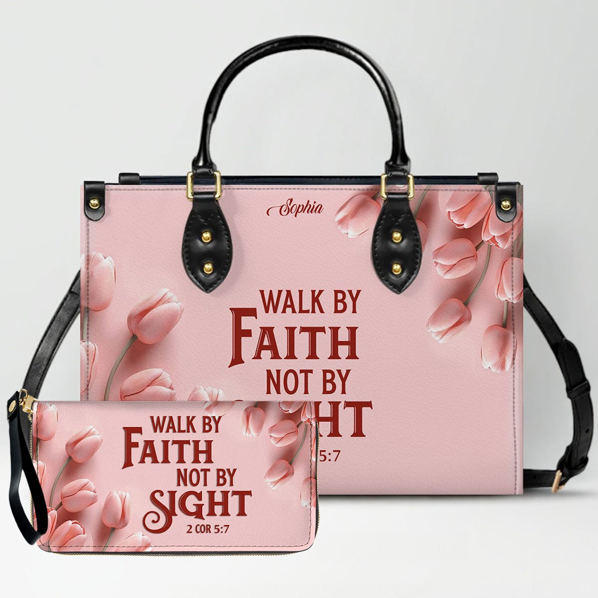 Personalized Leather Handbag for Women – Custom Name Christian Bible Verse Purse – Floral Pink Tulip Scripture Bag – Gift by CHRISTIANARTBAG CAB 022726