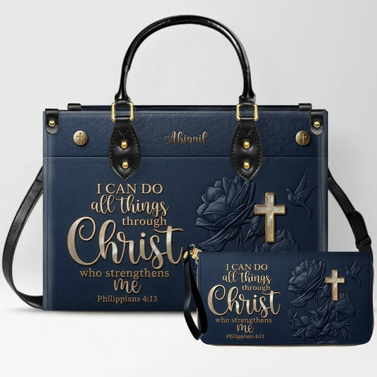 Personalized Christian Leather Handbag and Matching Wallet Set with Bible Verse Philippians 4:13 | Custom Name Gift - CHRISTIANARTBAG 03072726