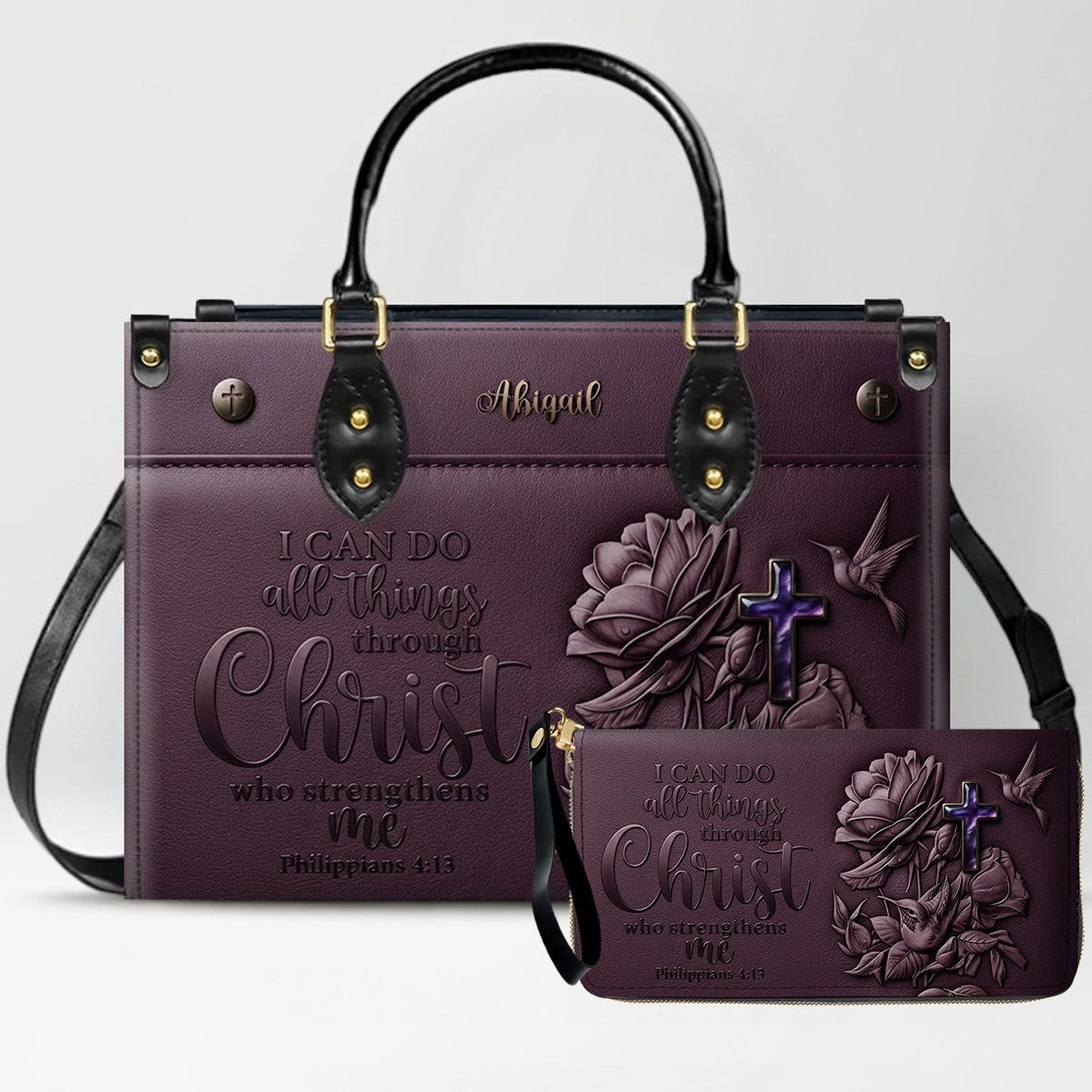 Custom Name Christian Leather Handbag & Wallet Set - Personalized Bible Verse Tote Bag | CHRISTIANARTBAG 01072726