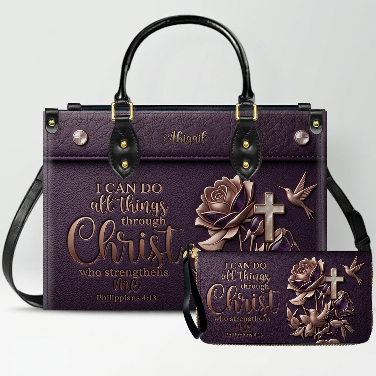 Custom Name Christian Leather Handbag & Wallet Set - Personalized Bible Verse Tote Bag | CHRISTIANARTBAG 01072726