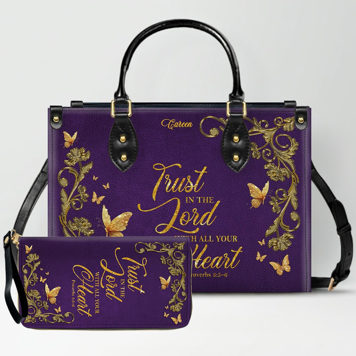 Personalized Leather Handbag with Custom Name & Bible Verse - Personalized Christian Leather Handbag & Wallet Set | CHRISTIANARTBAG™ CAB01012626