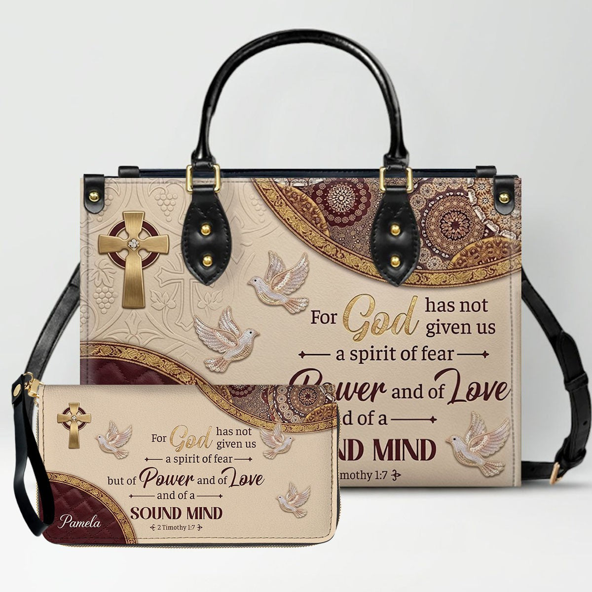 CHRISTIANARTBAG Personalized Leather Handbag and Long Wallet Set, Custom Name Scripture Bible Verse Tote Bag, Christian Gifts for Women CAB01051826