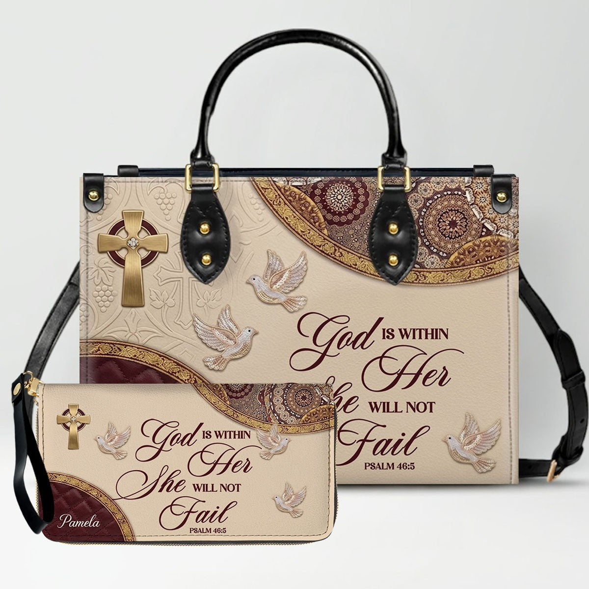 CHRISTIANARTBAG Personalized Leather Handbag and Long Wallet Set, Custom Name Scripture Bible Verse Tote Bag, Christian Gifts for Women CAB01051826