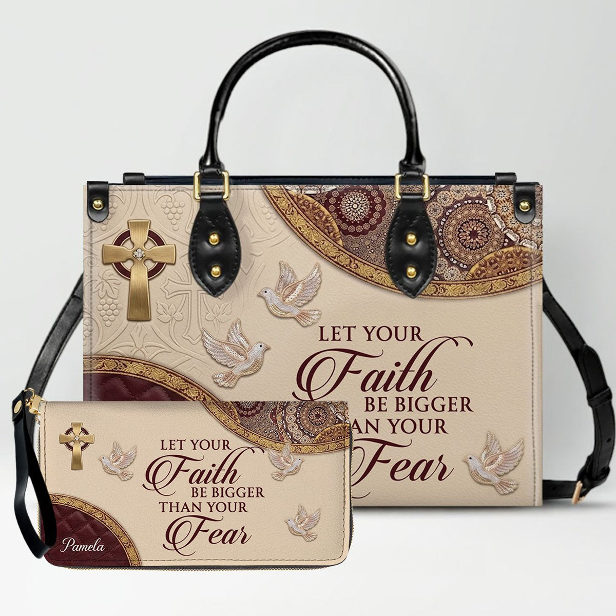 CHRISTIANARTBAG Personalized Leather Handbag and Long Wallet Set, Custom Name Scripture Bible Verse Tote Bag, Christian Gifts for Women CAB01051826