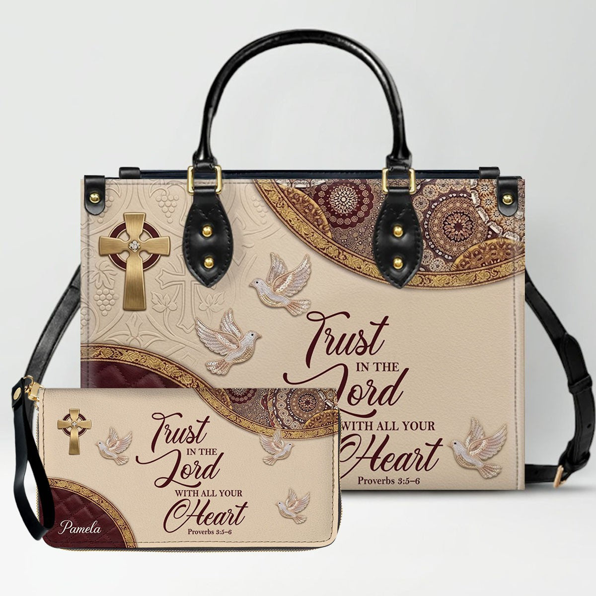 CHRISTIANARTBAG Personalized Leather Handbag and Long Wallet Set, Custom Name Scripture Bible Verse Tote Bag, Christian Gifts for Women CAB01051826