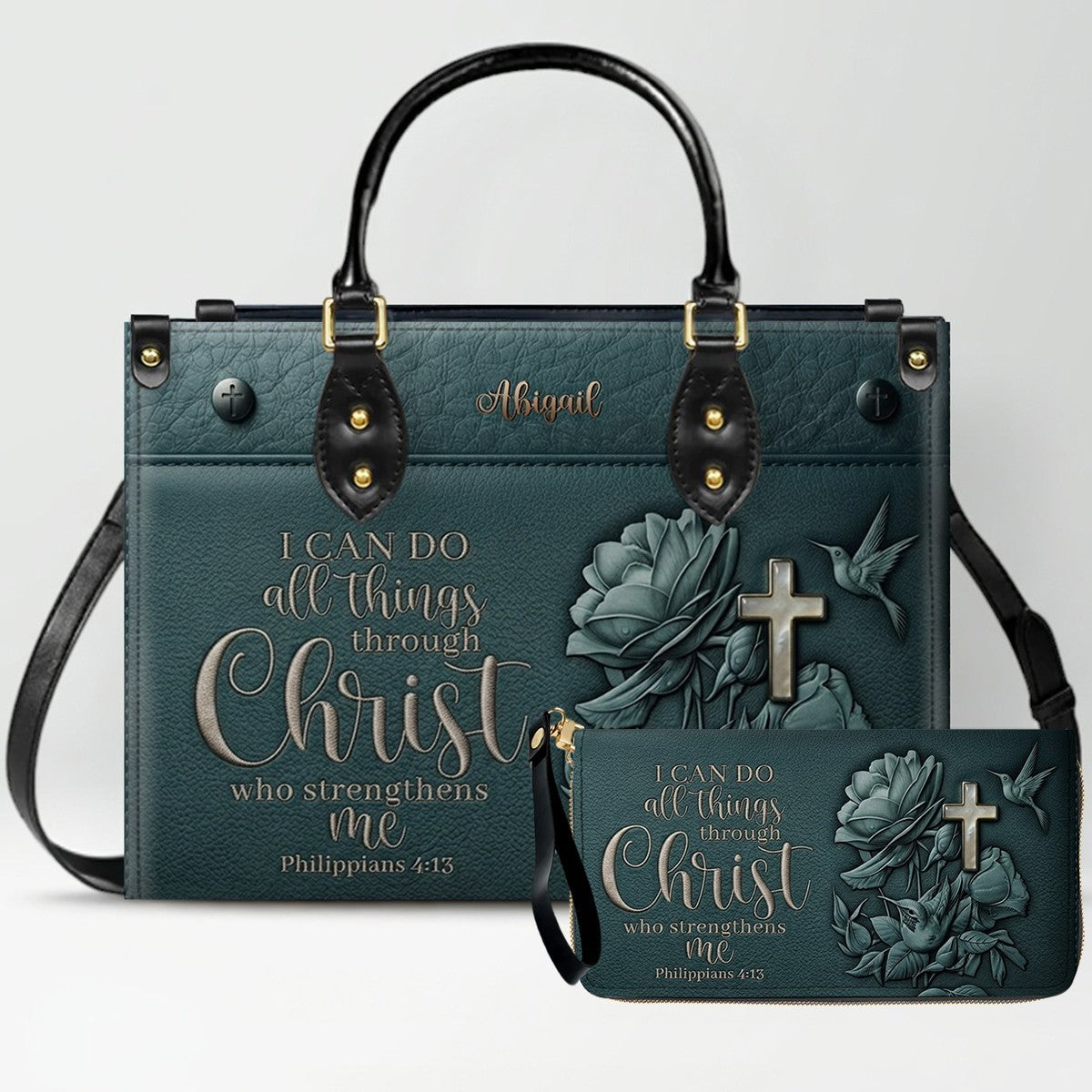 Personalized Christian Leather Handbag and Matching Wallet Set with Bible Verse Philippians 4:13 | Custom Name Gift - CHRISTIANARTBAG 02072726