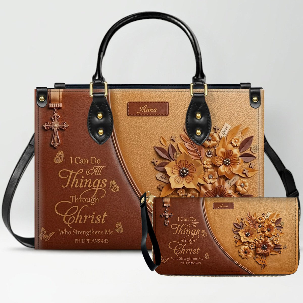 Custom Name Hand-Drawn Ink Sketch Leather Handbag | "I Can Do All Things Through Christ" Floral Design | CHRISTIANARTBAG 01070426