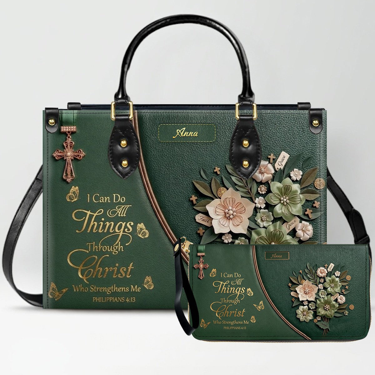 Custom Name Christian Leather Handbag by CHRISTIANARTBAG | I Can Do All Things Shoulder Bag, Religious Floral Gift for Her CAB01070126