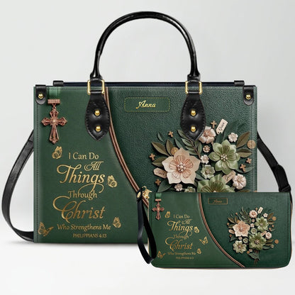 Custom Name Christian Leather Handbag by CHRISTIANARTBAG | I Can Do All Things Shoulder Bag, Religious Floral Gift for Her CAB01070126