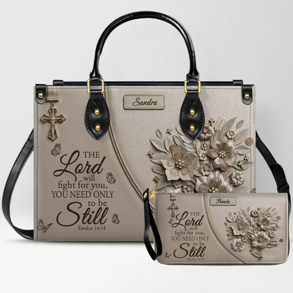 Personalized Bible Verse Leather Handbag, Custom Christian Tote Bag with Name & Exodus 14:14 - CHRISTIANARTBAG 01072626
