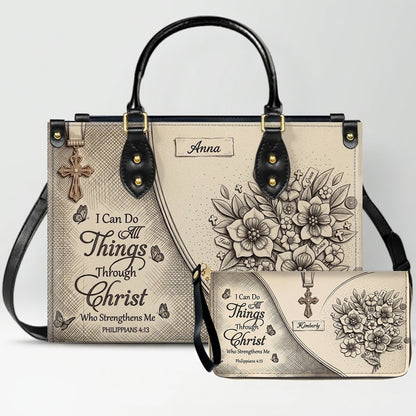 Custom Name Christian Leather Handbag by CHRISTIANARTBAG | I Can Do All Things Shoulder Bag, Religious Floral Gift for Her CAB01070126