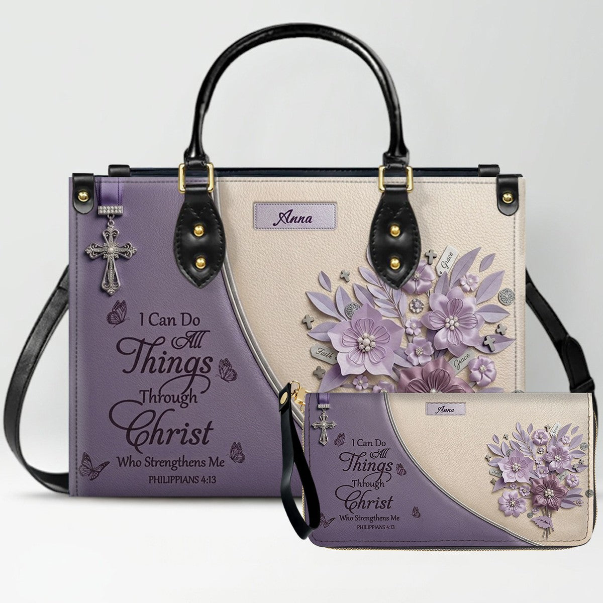 Custom Name Christian Leather Handbag by CHRISTIANARTBAG | I Can Do All Things Shoulder Bag Deep Forest Green, Religious Floral Gift for Her CAB01070226