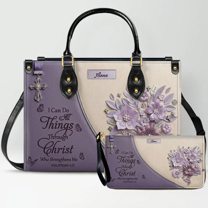 Custom Name Christian Leather Handbag by CHRISTIANARTBAG | I Can Do All Things Shoulder Bag Deep Forest Green, Religious Floral Gift for Her CAB01070226