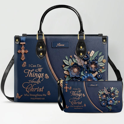 Custom Name Christian Leather Handbag by CHRISTIANARTBAG | I Can Do All Things Shoulder Bag, Religious Floral Gift for Her CAB01070126