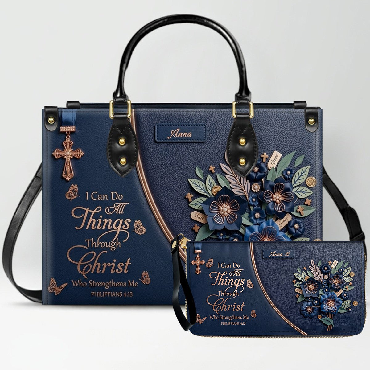 Custom Name Christian Leather Handbag by CHRISTIANARTBAG | I Can Do All Things Shoulder Bag Deep Forest Green, Religious Floral Gift for Her CAB01070226