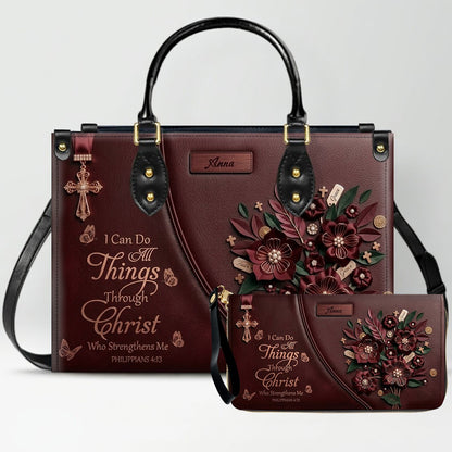 Custom Name Hand-Drawn Ink Sketch Leather Handbag | "I Can Do All Things Through Christ" Floral Design | CHRISTIANARTBAG 01070426
