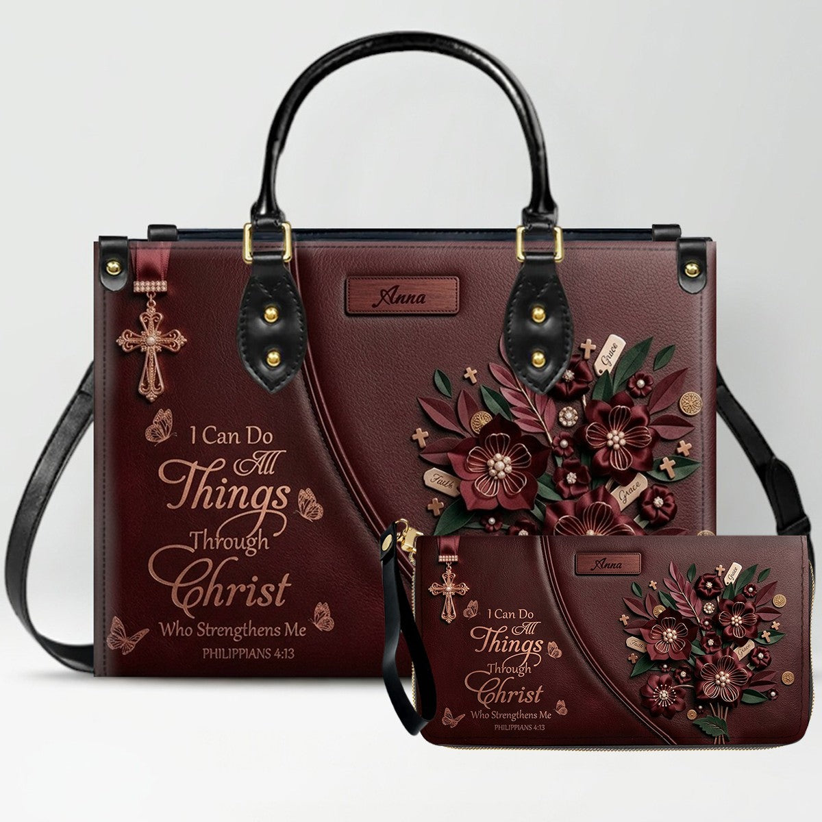 Custom Name Christian Leather Handbag by CHRISTIANARTBAG | I Can Do All Things Shoulder Bag, Religious Floral Gift for Her CAB01070126