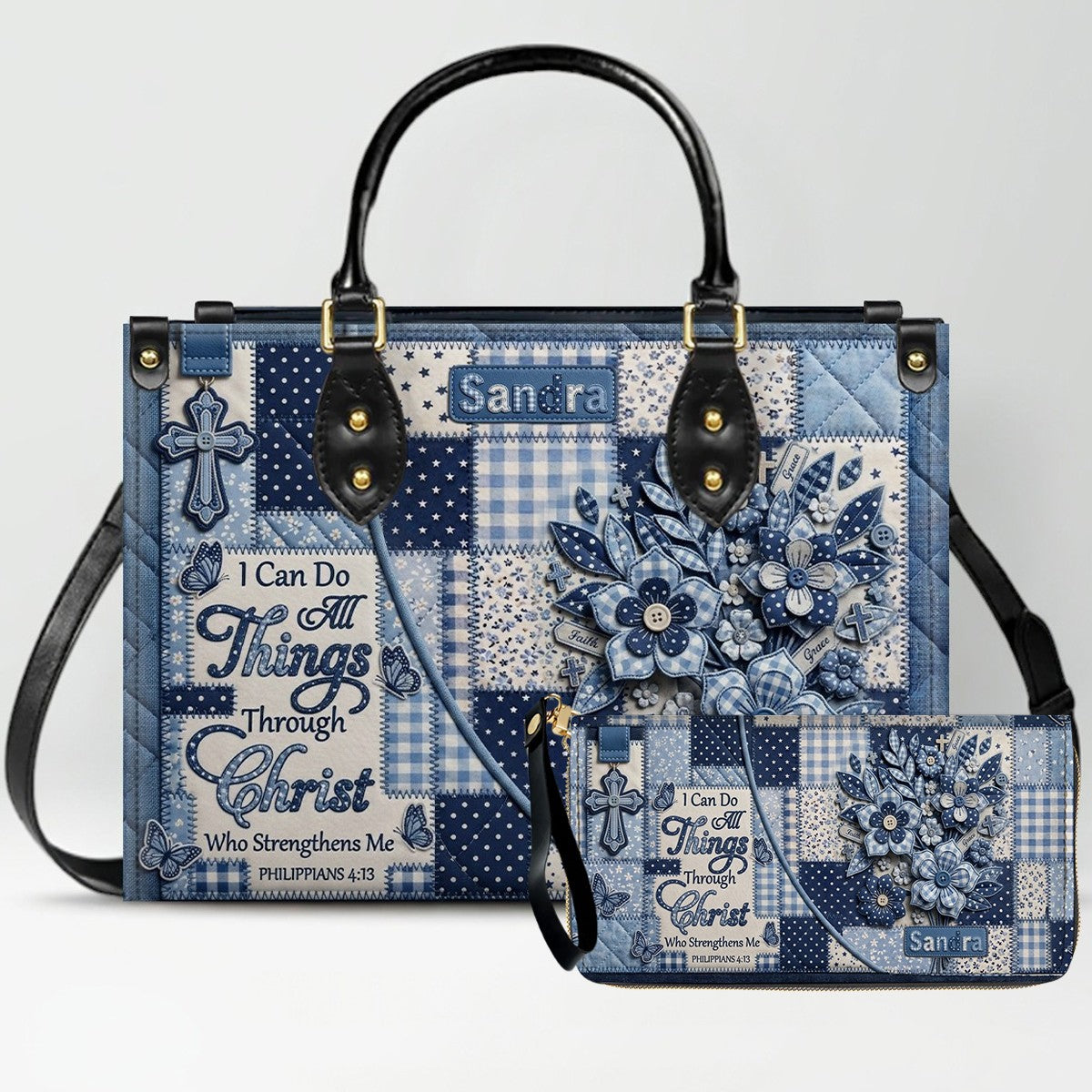 CHRISTIANARTBAG | Personalized Leather Handbag - Custom Name & Color Blue Patchwork Bible Verse Tote Bag Philippians 4 13