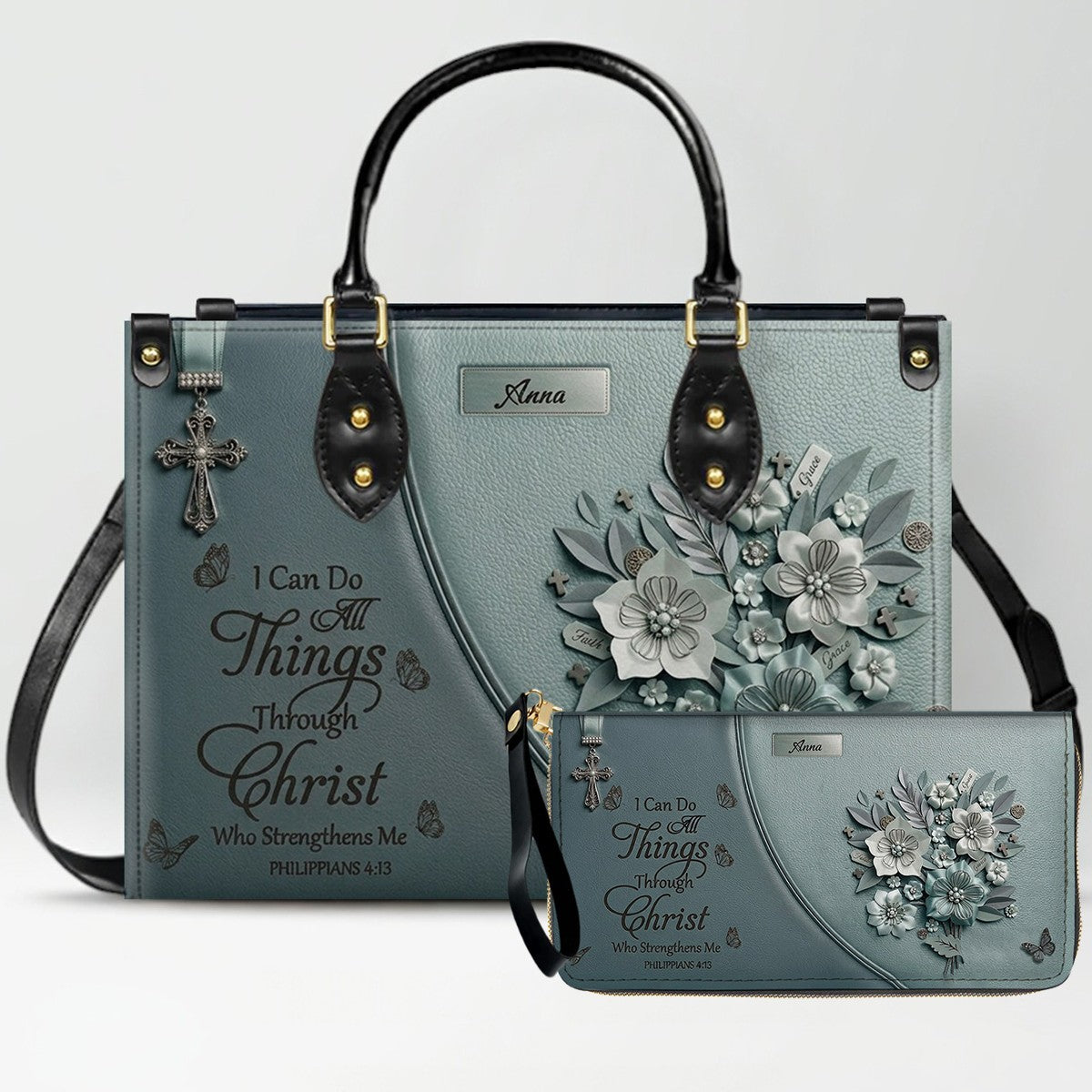 Custom Name Christian Leather Handbag by CHRISTIANARTBAG | I Can Do All Things Shoulder Bag Deep Forest Green, Religious Floral Gift for Her CAB01070226