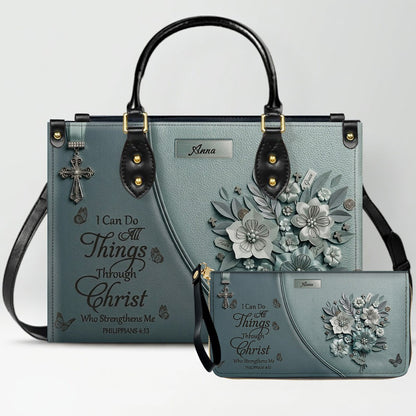 Custom Name Christian Leather Handbag by CHRISTIANARTBAG | I Can Do All Things Shoulder Bag Deep Forest Green, Religious Floral Gift for Her CAB01070226
