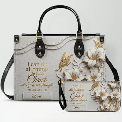 Personalized Leather Handbag - Custom Name Christian Bible Verse Philippians 4:13 Floral Butterfly Tote Bag | CHRISTIANARTBAG CA02100926