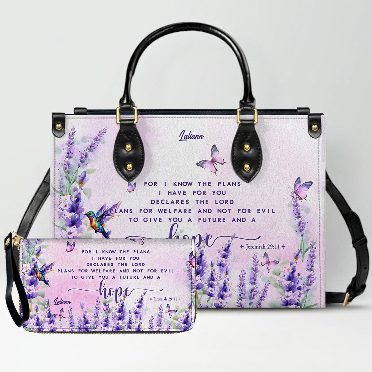 Custom Name Christian Leather Handbag with Matching Long Wallet - Scripture Verse Tote Bag, Inspirational Religious Gift for Women, Mother's Day CAB01042126