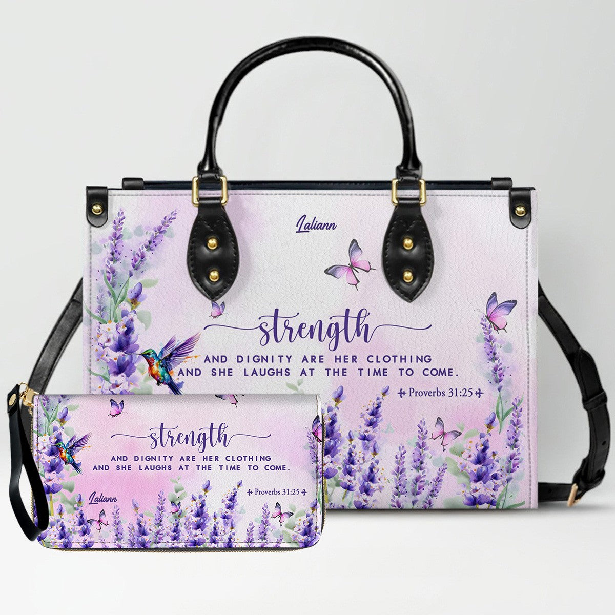 Custom Name Christian Leather Handbag with Matching Long Wallet - Scripture Verse Tote Bag, Inspirational Religious Gift for Women, Mother's Day CAB01042126