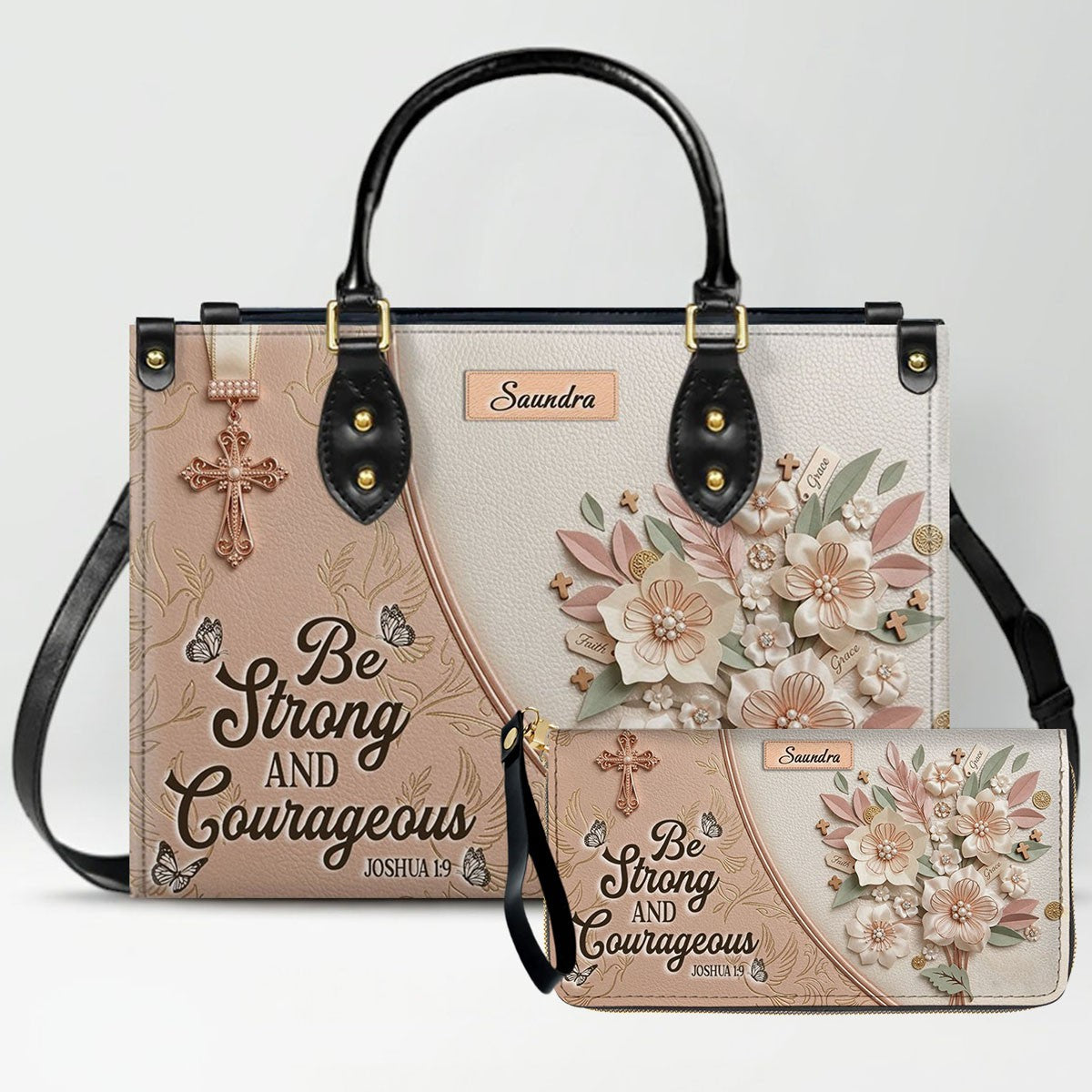 CHRISTIANARTBAG Personalized Leather Handbag and Wallet Set | Beige Custom Name Cross Purse & Long Wristlet Clutch CAB01061626