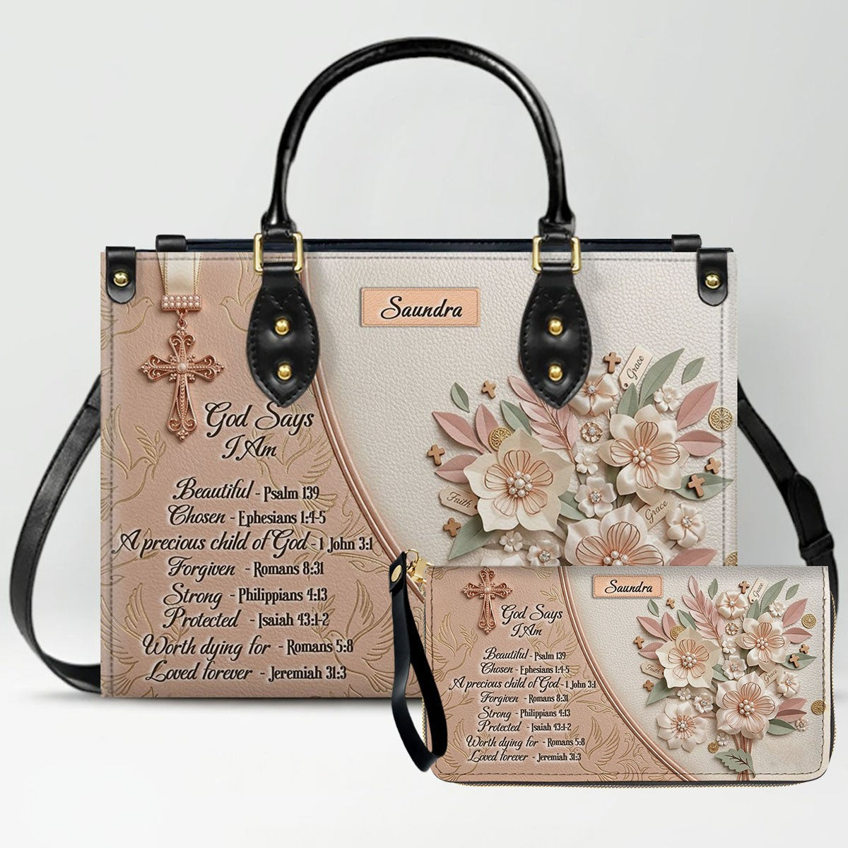 CHRISTIANARTBAG Personalized Leather Handbag and Wallet Set | Beige Custom Name Cross Purse & Long Wristlet Clutch CAB01061626