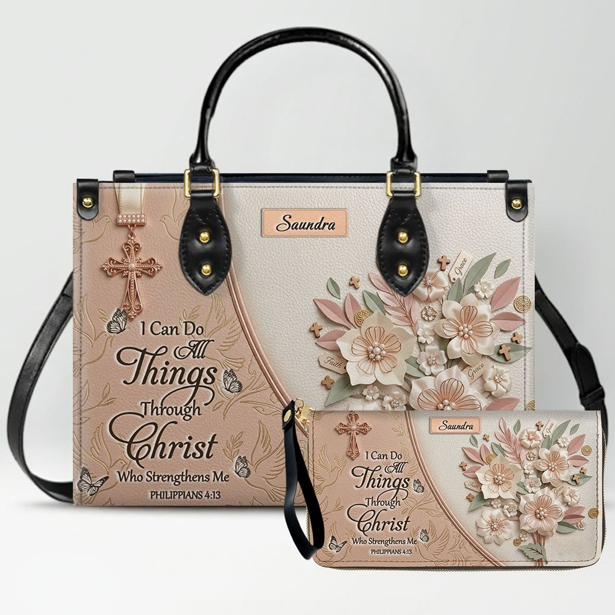 CHRISTIANARTBAG Personalized Leather Handbag and Wallet Set | Beige Custom Name Cross Purse & Long Wristlet Clutch CAB01061626