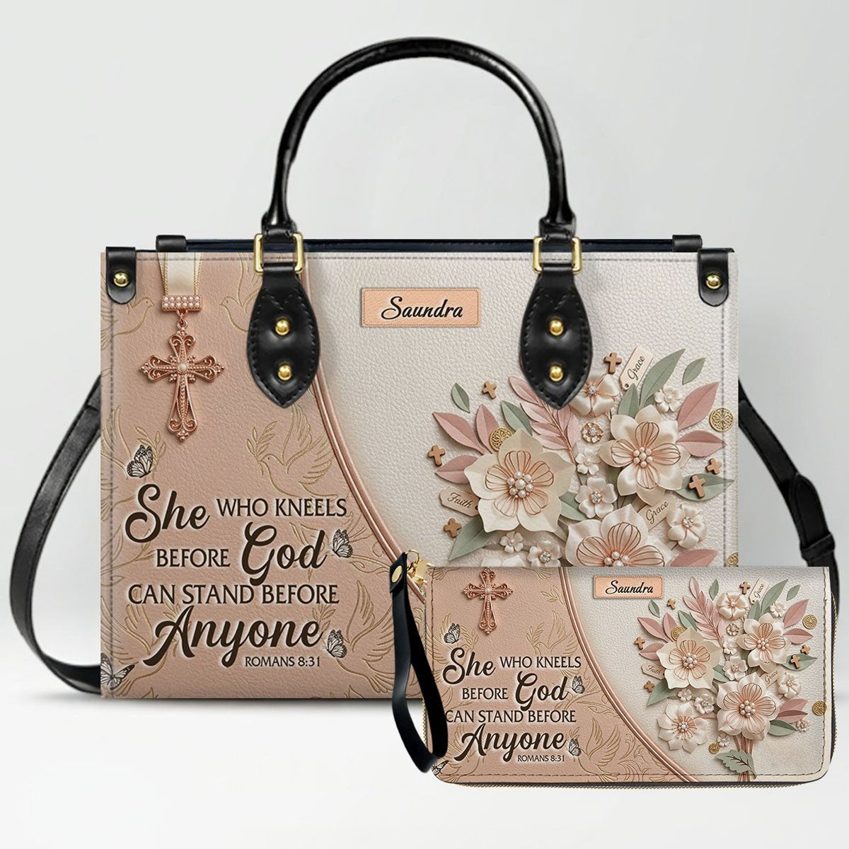 CHRISTIANARTBAG Personalized Leather Handbag and Wallet Set | Beige Custom Name Cross Purse & Long Wristlet Clutch CAB01061626