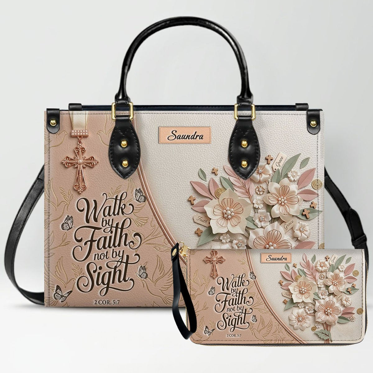 CHRISTIANARTBAG Personalized Leather Handbag and Wallet Set | Beige Custom Name Cross Purse & Long Wristlet Clutch CAB01061626