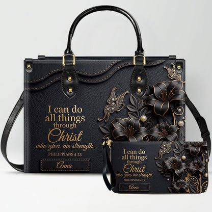 Personalized Leather Handbag - Custom Name Christian Bible Verse Philippians 4:13 Floral Butterfly Tote Bag | CHRISTIANARTBAG CA02100926