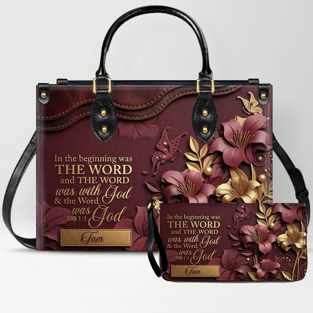 Custom Christian Leather Handbag with Name – John 1:1 Scripture Floral Purse | CHRISTIANARTBAG CA01100726