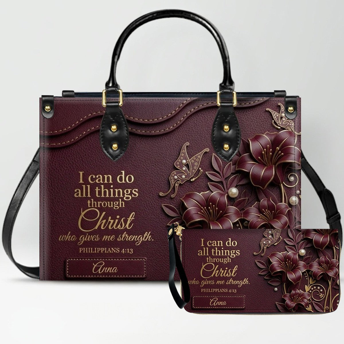 Personalized Leather Handbag - Custom Name Christian Bible Verse Philippians 4:13 Floral Butterfly Tote Bag | CHRISTIANARTBAG CA02100926
