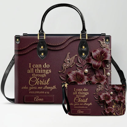 Personalized Leather Handbag - Custom Name Christian Bible Verse Philippians 4:13 Floral Butterfly Tote Bag | CHRISTIANARTBAG CA01100926