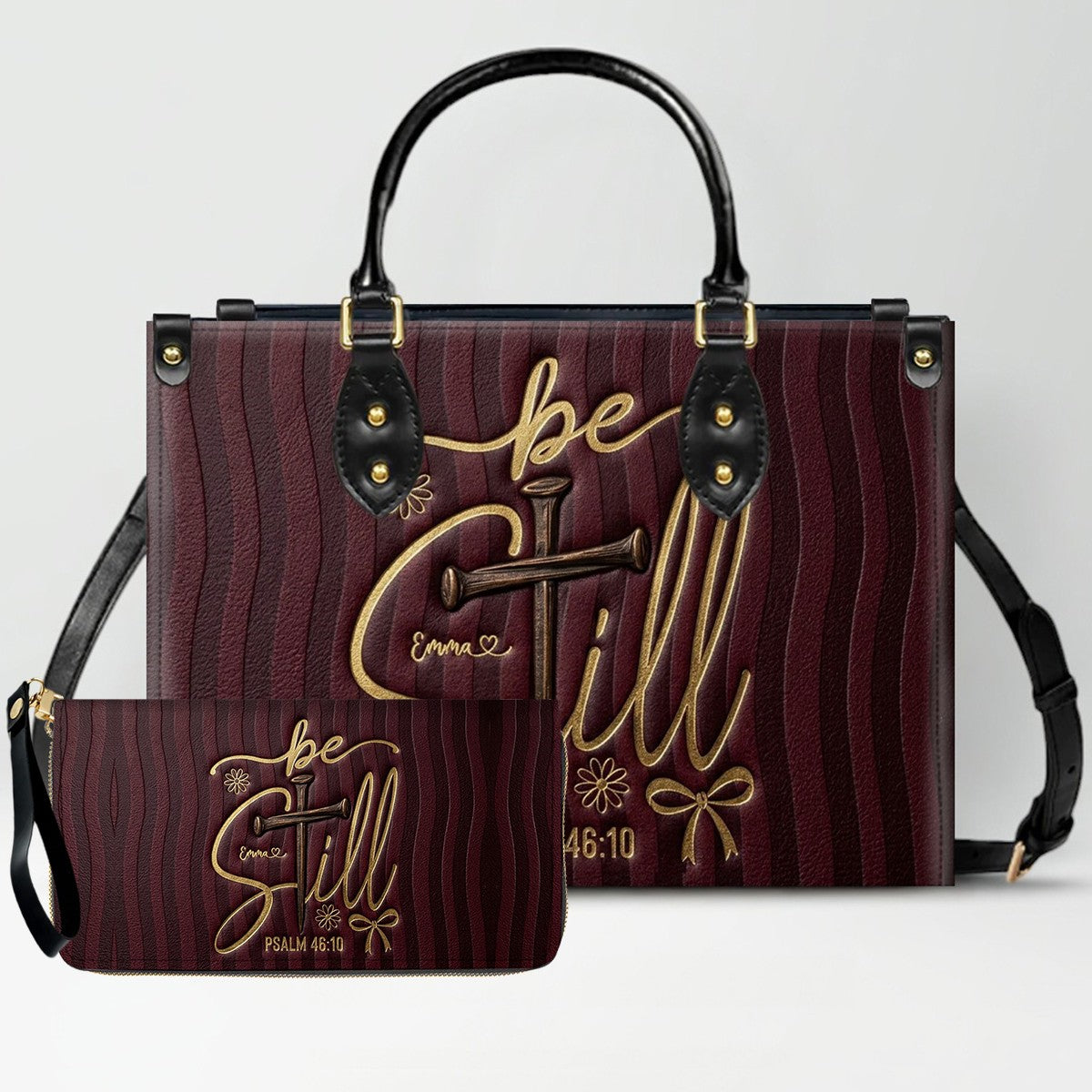 Personalized Be Still Psalm 46:10 Cross Leather Handbag for Women - CHRISTIANARTBAG | Custom Faith Purse in Pink CAB01101026