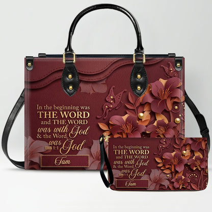 Custom Christian Leather Handbag with Name – John 1:1 Scripture Floral Purse | CHRISTIANARTBAG CA01100726
