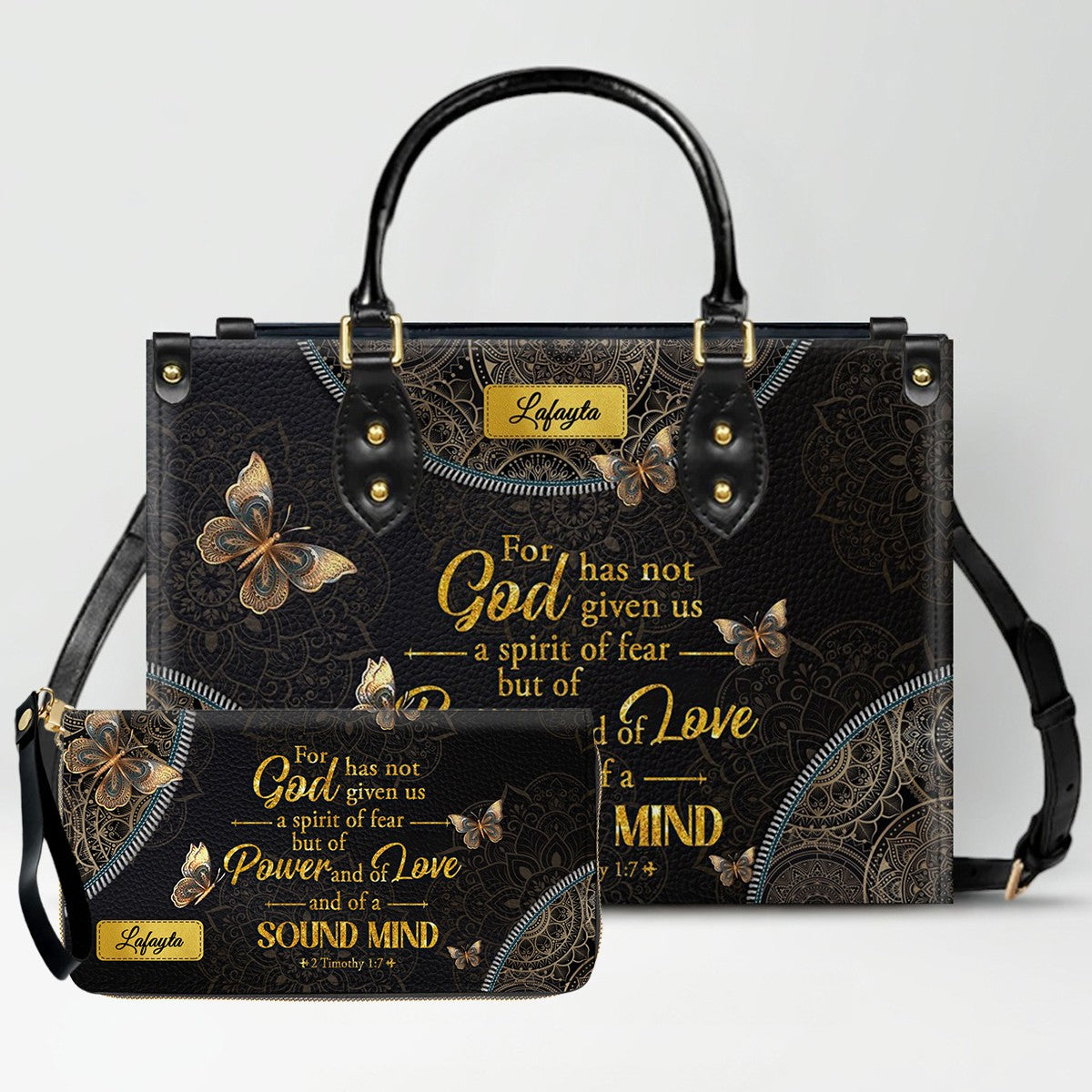 Personalized Leather Handbag for Women - Custom Bible Verse Tote Bag - Christian Gift with Butterfly & Mandala Design - CHRISTIANARTBAG CAB14926