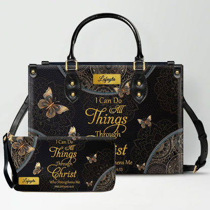 Personalized Leather Handbag for Women - Custom Bible Verse Tote Bag - Christian Gift with Butterfly & Mandala Design - CHRISTIANARTBAG CAB14926