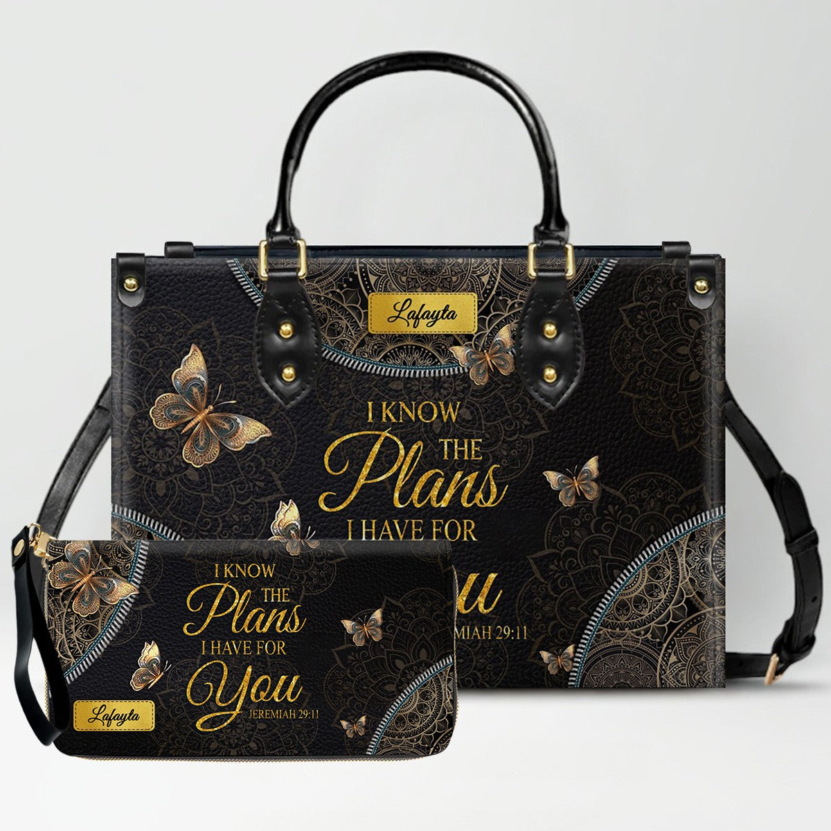 Personalized Leather Handbag for Women - Custom Bible Verse Tote Bag - Christian Gift with Butterfly & Mandala Design - CHRISTIANARTBAG CAB14926