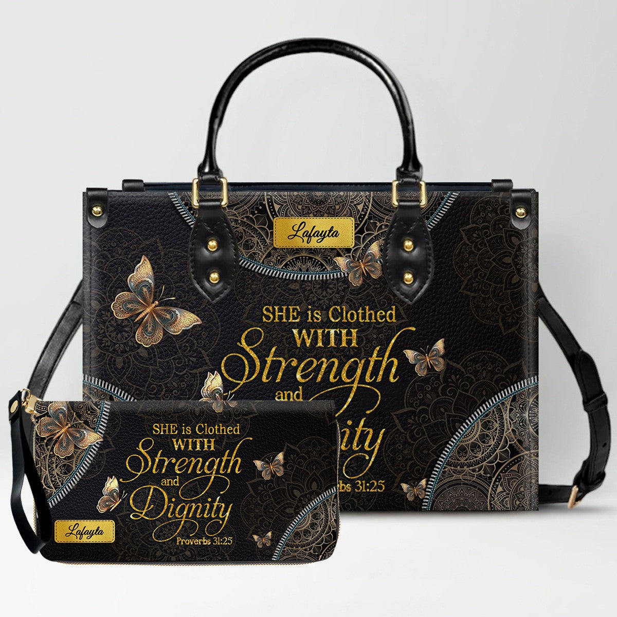 Personalized Leather Handbag for Women - Custom Bible Verse Tote Bag - Christian Gift with Butterfly & Mandala Design - CHRISTIANARTBAG CAB14926