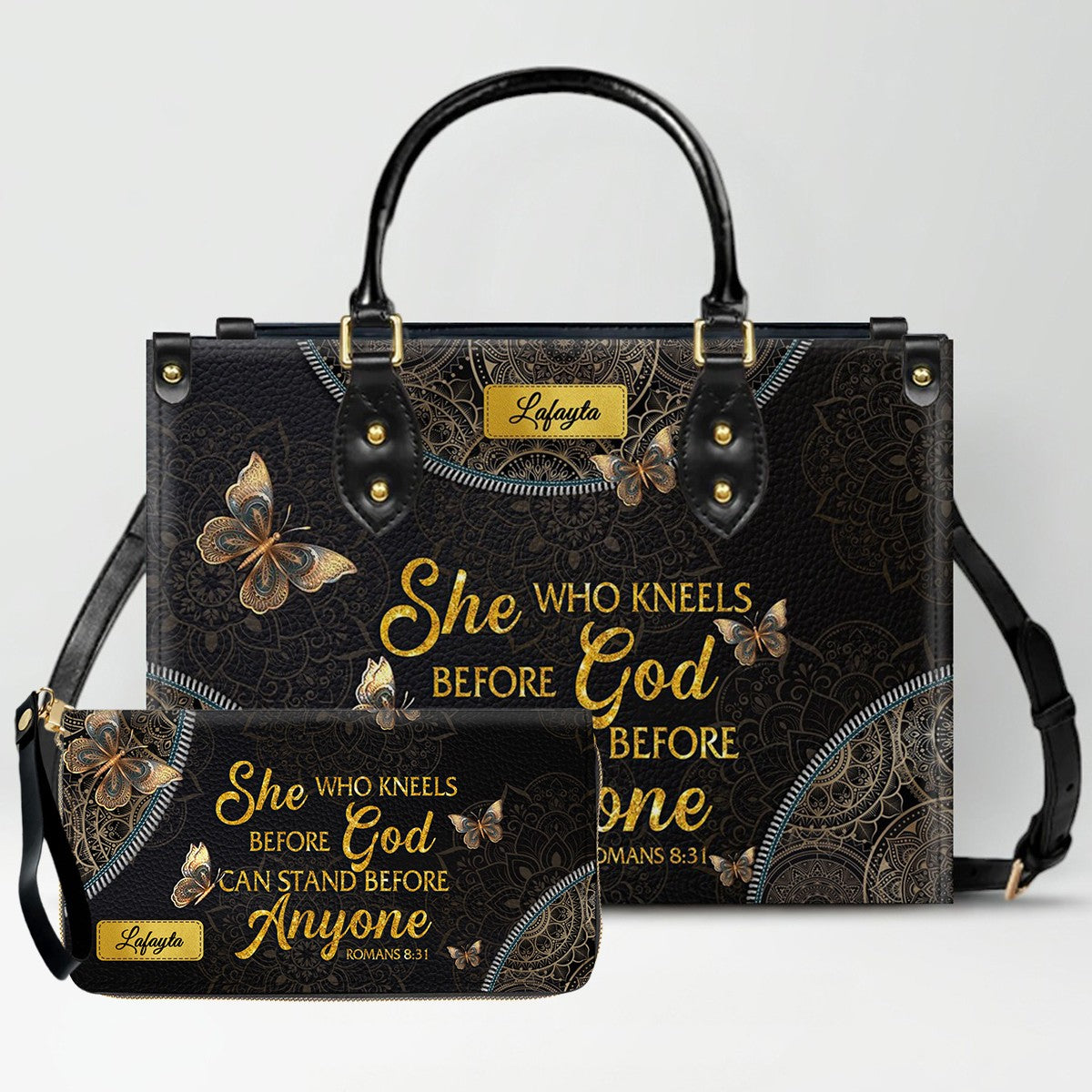 Personalized Leather Handbag for Women - Custom Bible Verse Tote Bag - Christian Gift with Butterfly & Mandala Design - CHRISTIANARTBAG CAB14926