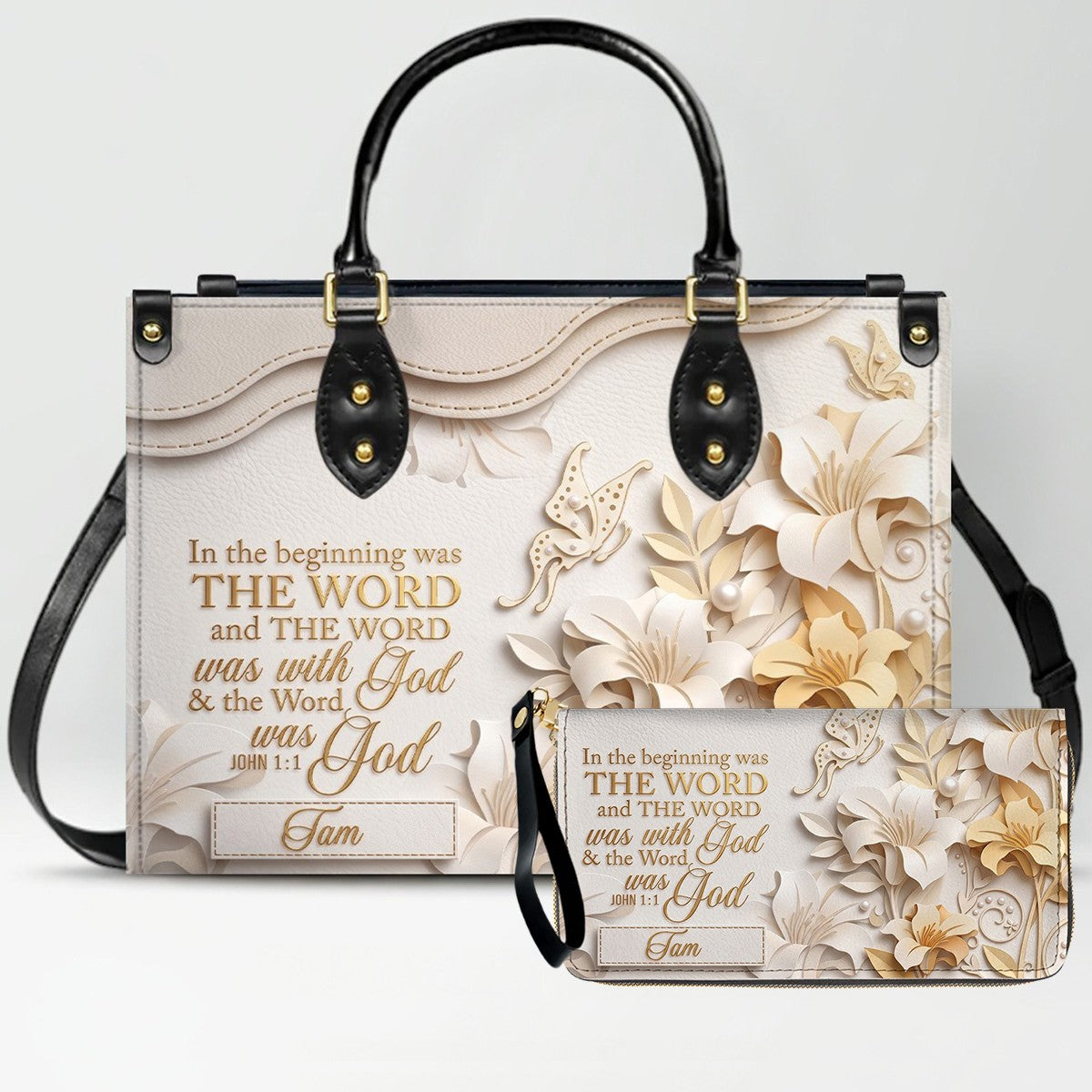 Custom Christian Leather Handbag with Name – John 1:1 Scripture Floral Purse | CHRISTIANARTBAG CA01100726