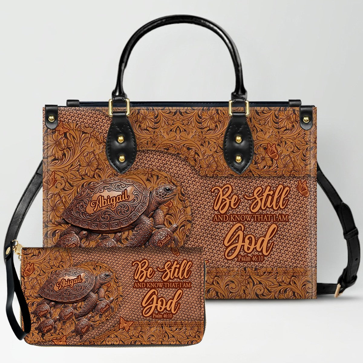 CHRISTIANARTBAG | Personalized Leather Handbag with Custom Names & Bible Verse - Western Tooled Turtle Design CAB0141626
