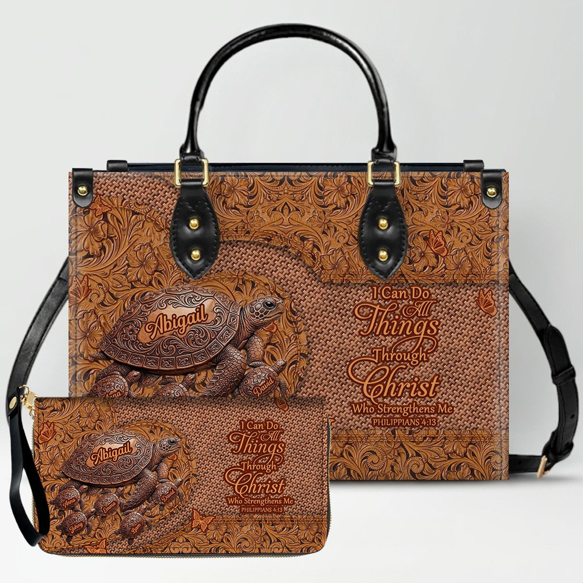CHRISTIANARTBAG | Personalized Leather Handbag with Custom Names & Bible Verse - Western Tooled Turtle Design CAB0141626
