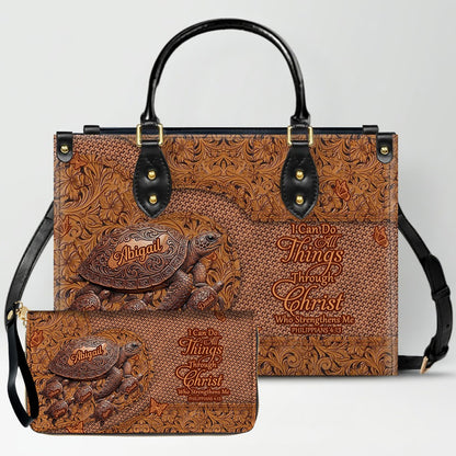 CHRISTIANARTBAG | Personalized Leather Handbag with Custom Names & Bible Verse - Western Tooled Turtle Design CAB0141626